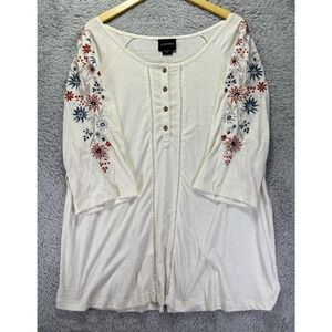 LIV Los Angeles Women Top 3X Ivory Oatmeal Floral Embroidered Popover‎ Boho